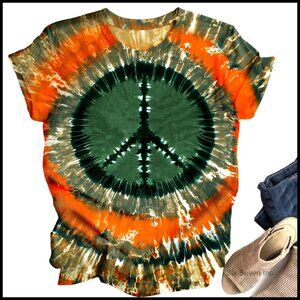 Tie Dye Peace Sign T-Shirt Retro Boho Hippie Style Short Sleeve Crew Neck